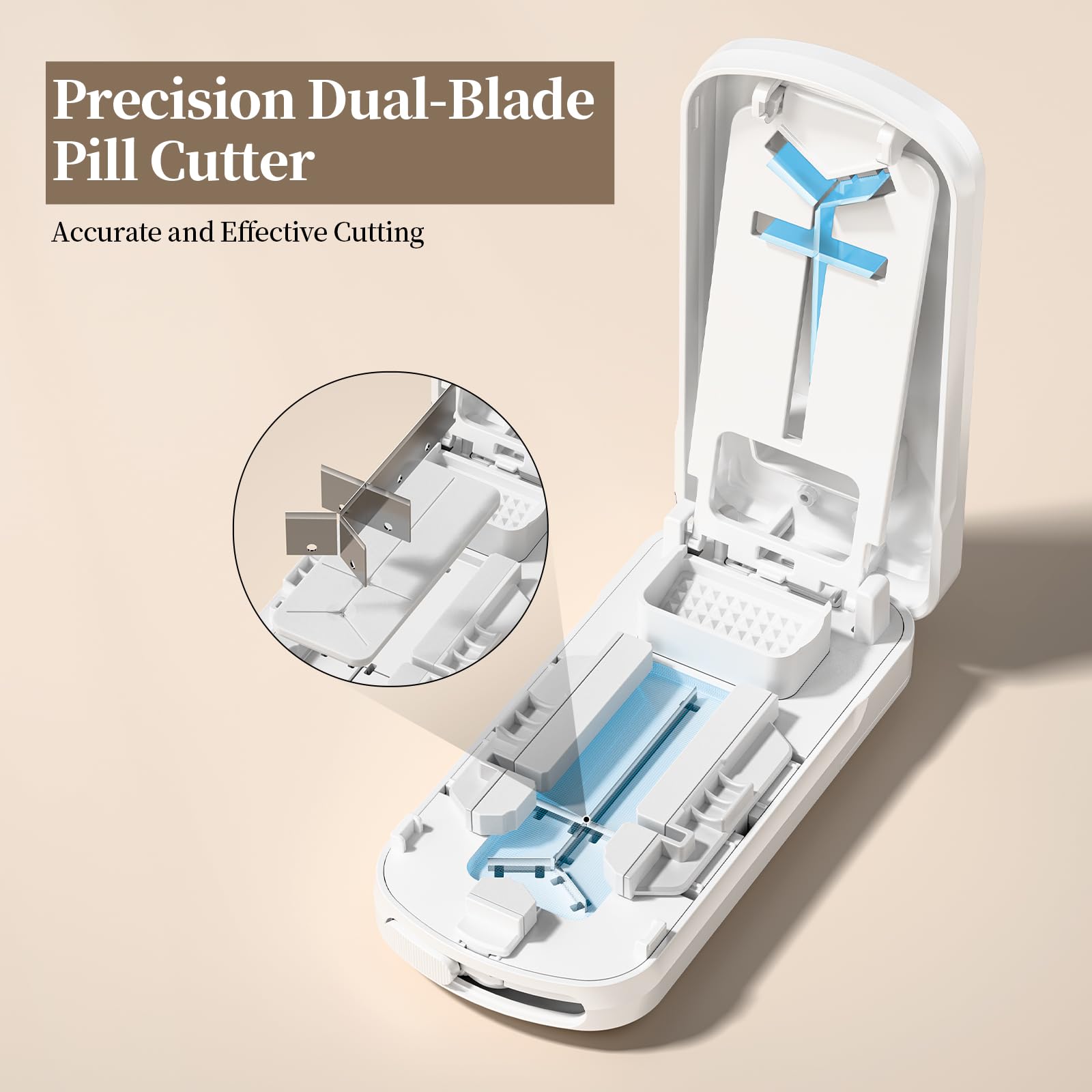 Daviky tablet cutter open case displaying dual safety blades and small pill alignment system