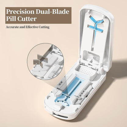 Daviky tablet cutter open case displaying dual safety blades and small pill alignment system