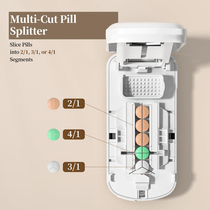 Premium medical pill splitter showing built in storage compartment with split pills organized inside