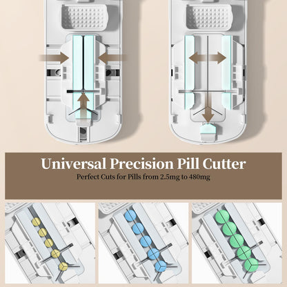 Senior friendly portable pill cutter being used to split a tiny tablet into quarters cleanly