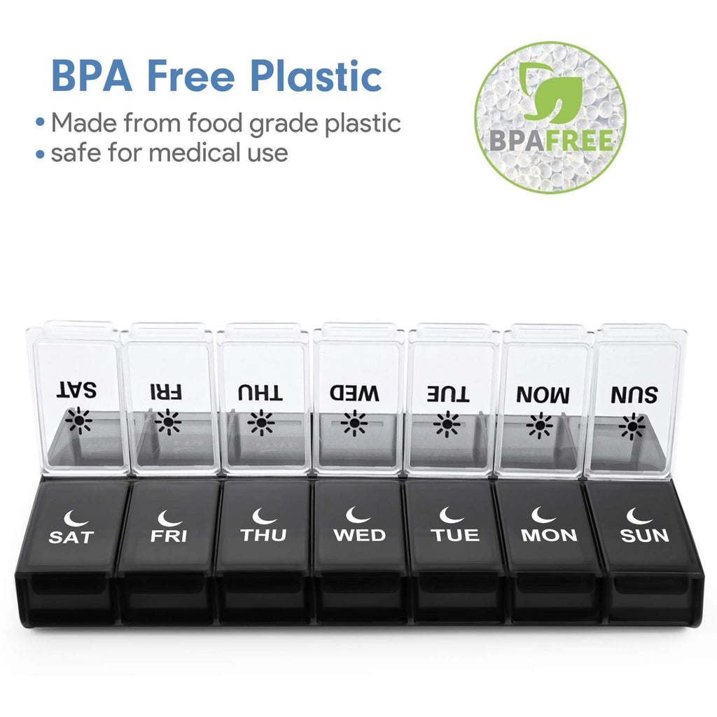 Large weekly AM PM pill box with open lids demonstrating vitamin capacity.