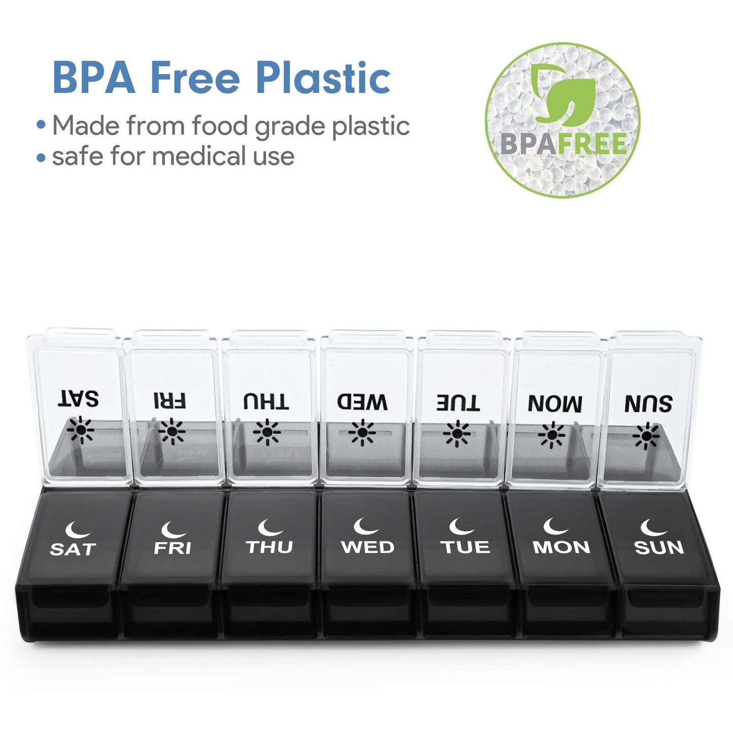 Large weekly AM PM pill box with open lids demonstrating vitamin capacity.