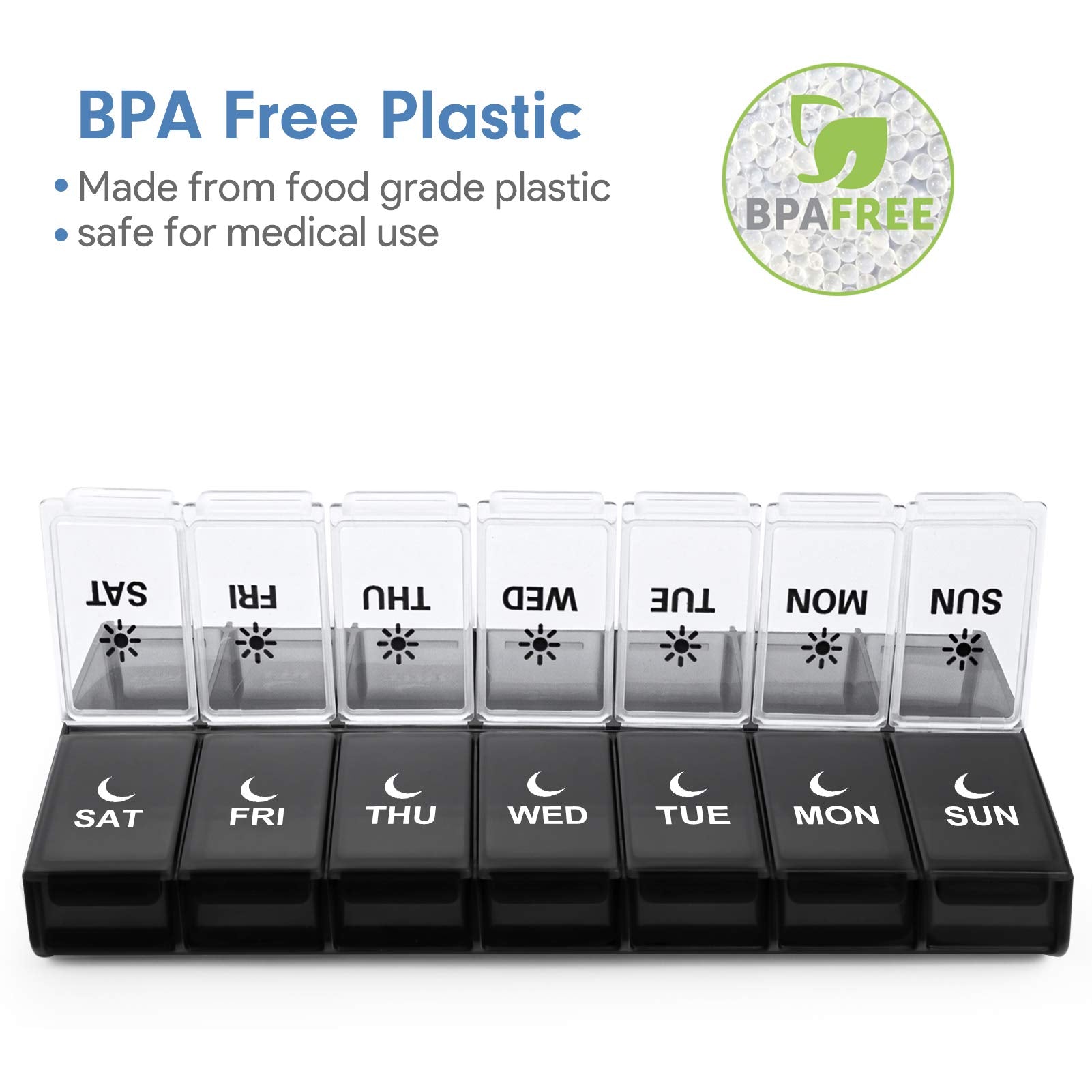 Large weekly AM PM pill box with open lids demonstrating vitamin capacity.
