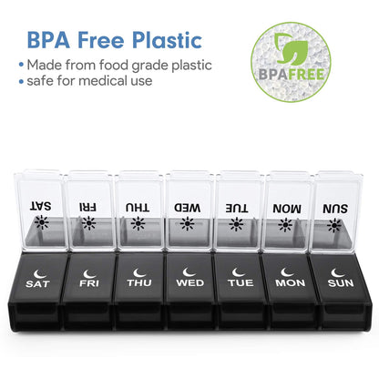 Large weekly AM PM pill box with open lids demonstrating vitamin capacity.