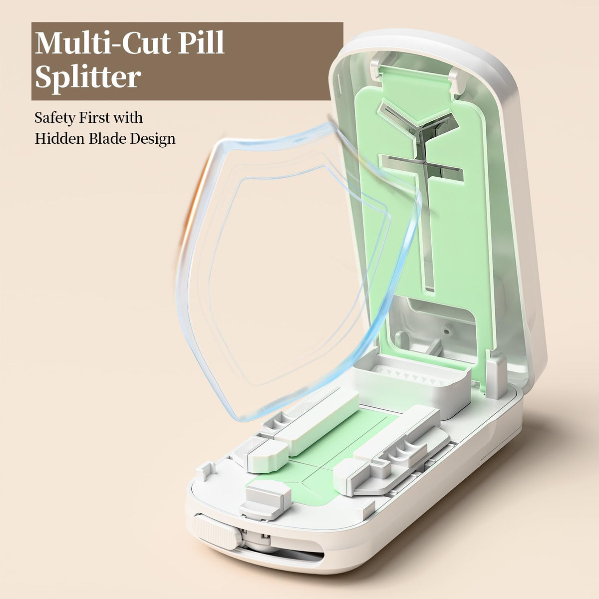 Compact travel friendly white pill splitter case shown next to daily health supplements