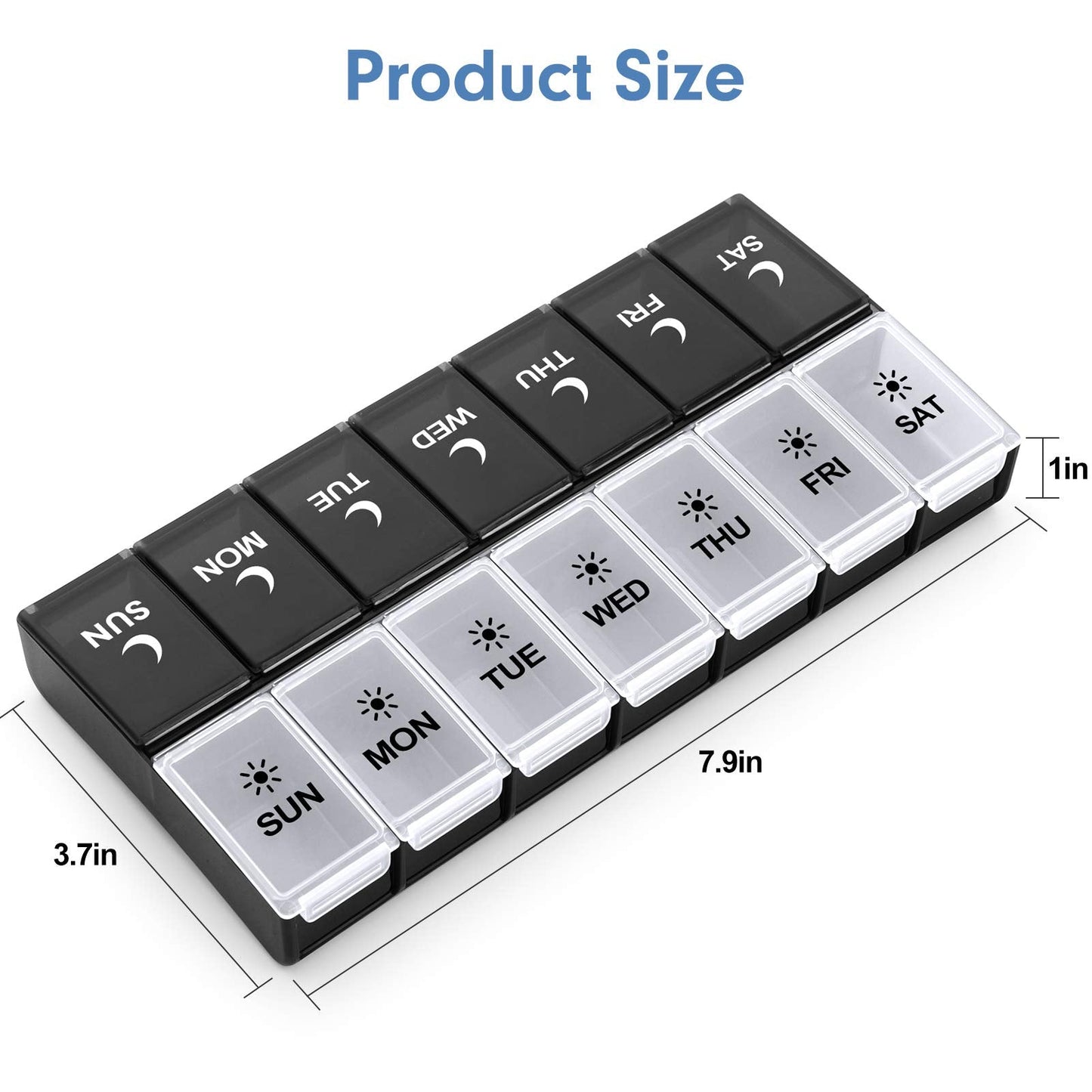 BPA-free daily pill container twice a day layout for elderly care.