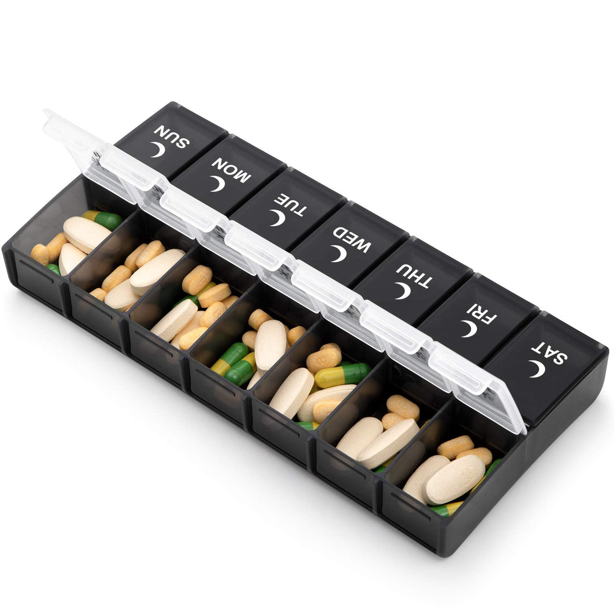 Portable weekly supplement storage planner ideal for travel bags.