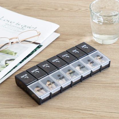 Food-grade medicine case setup for managing multiple daily prescriptions.