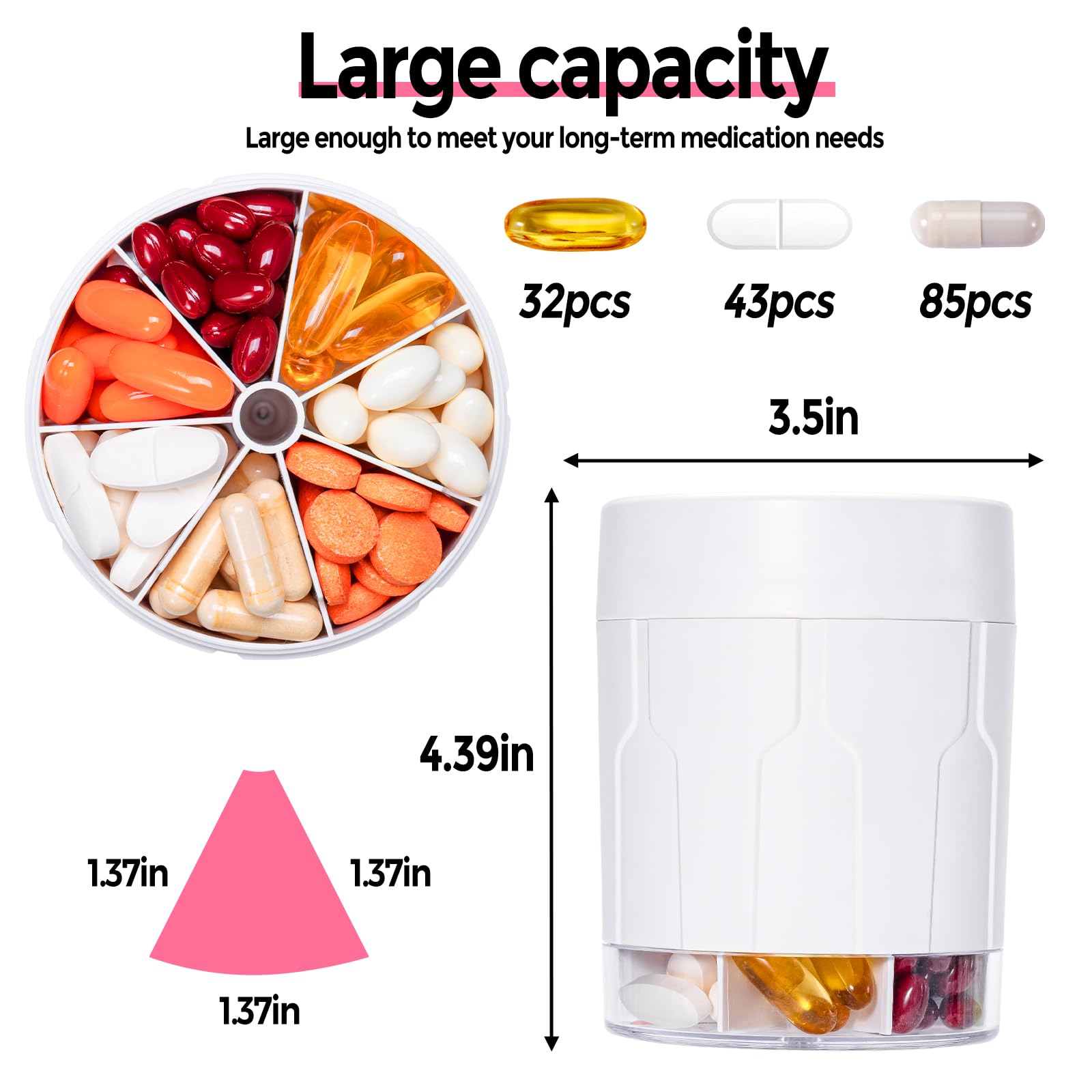 Betife jumbo seven day pill bottle organizer with transparent base displaying large vitamin capsules