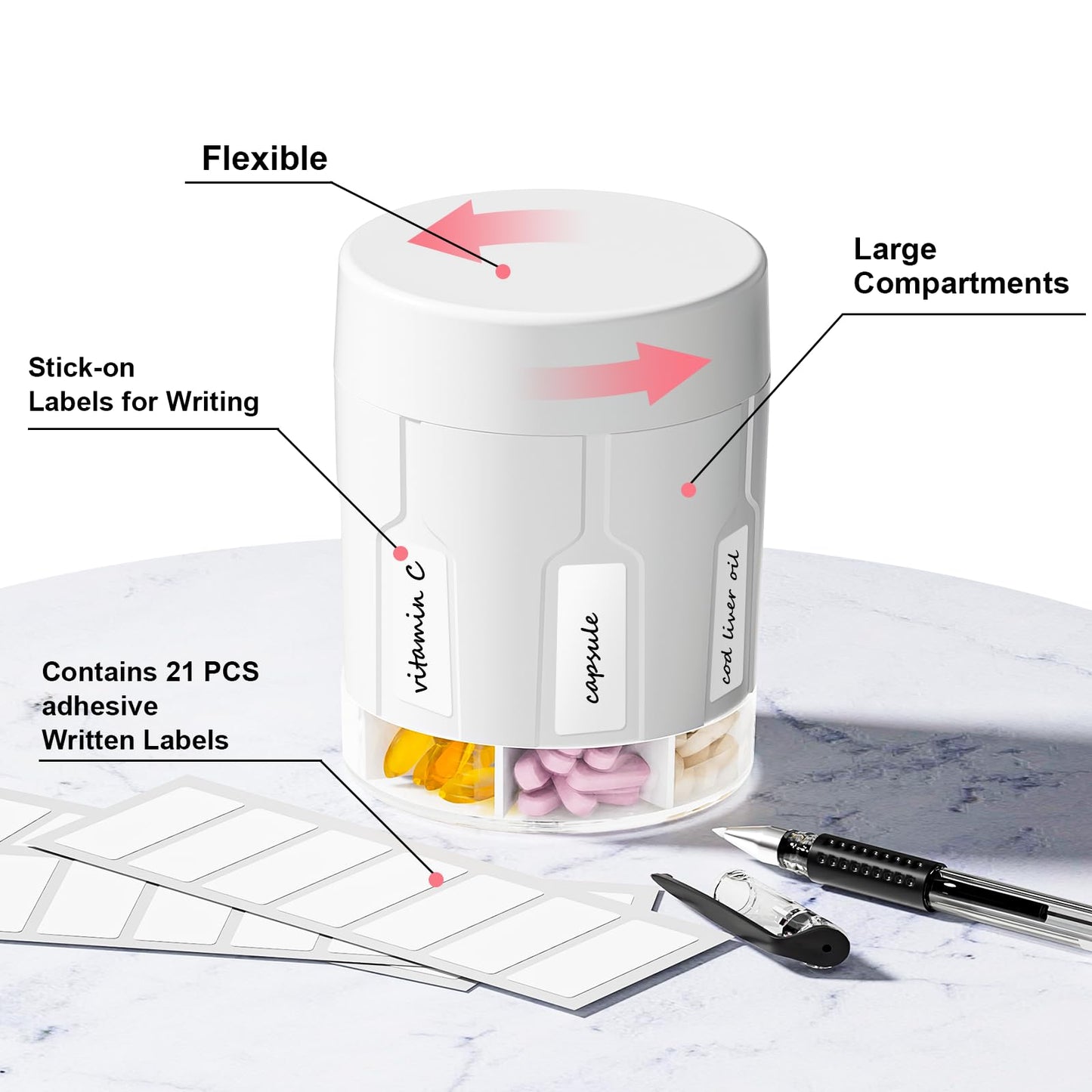 Betife oversized daily vitamin holder alongside the included twenty one tracking labels