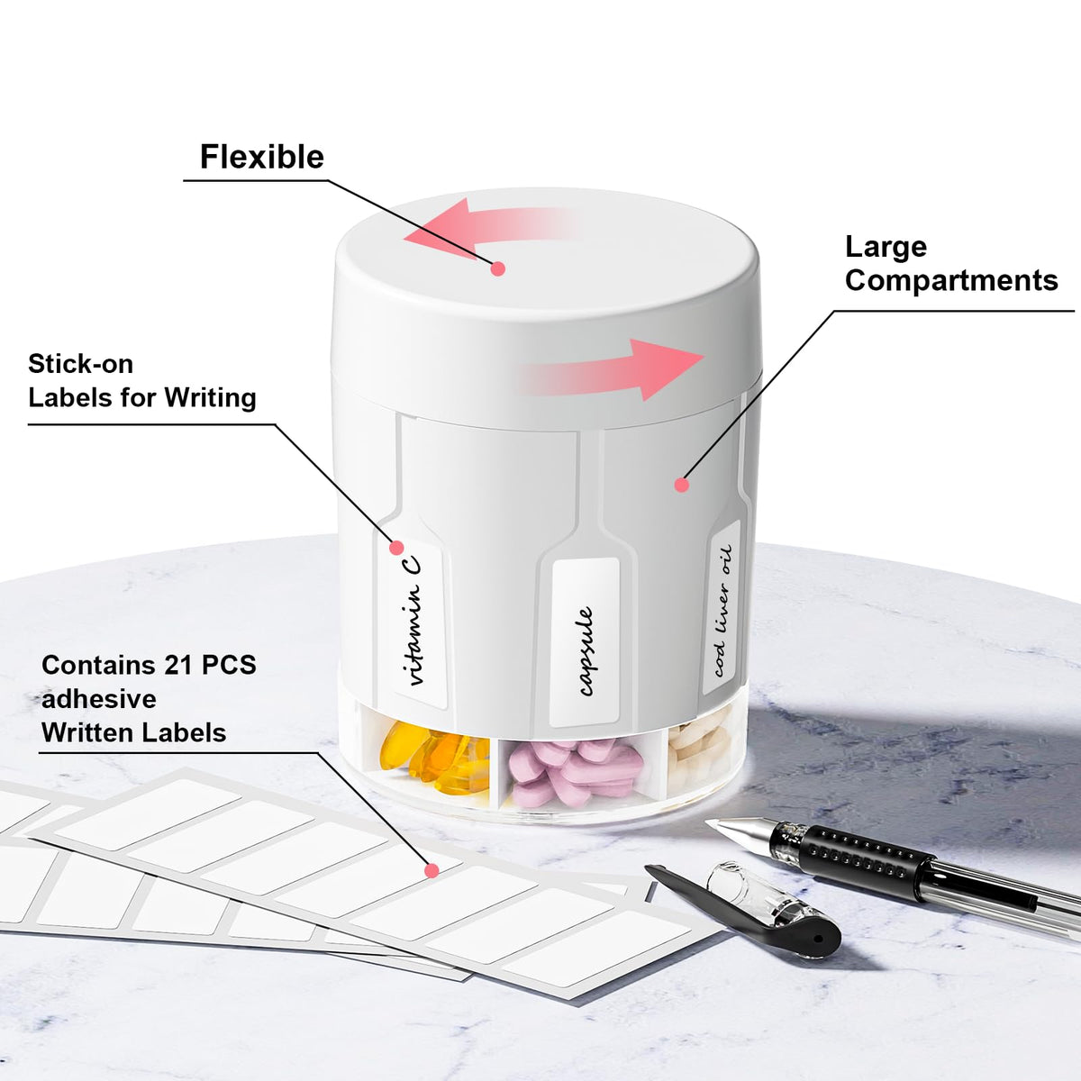 Betife oversized daily vitamin holder alongside the included twenty one tracking labels