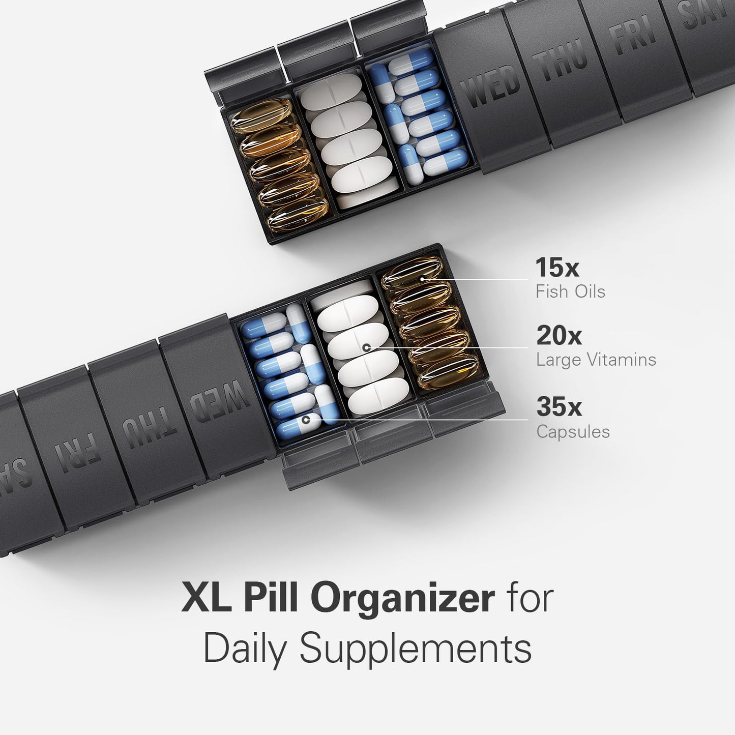 Extra large seven day medicine box showing deep compartments filled with big vitamin supplements.