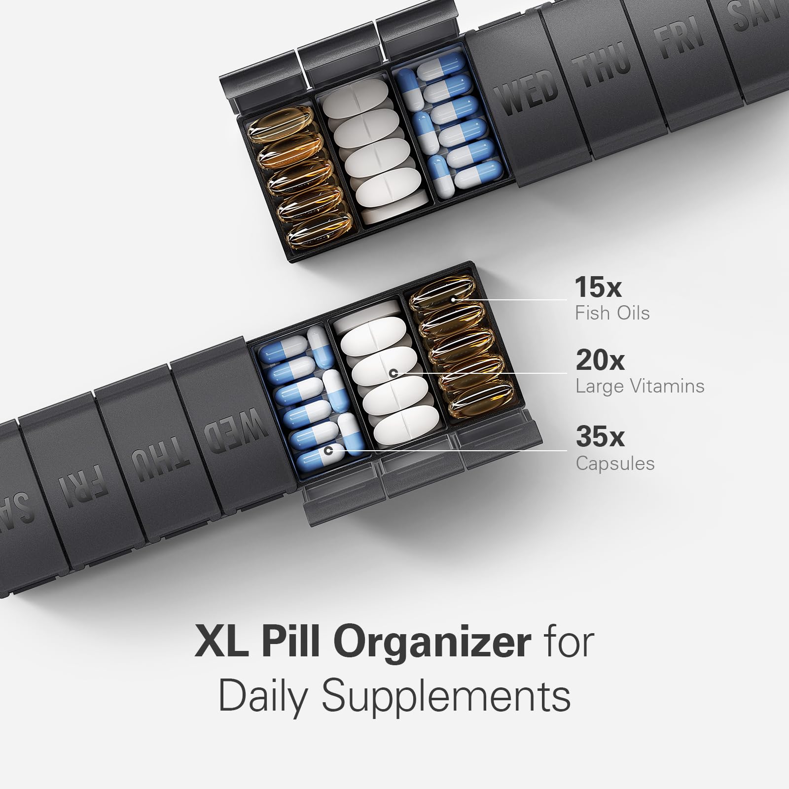 Extra large seven day medicine box showing deep compartments filled with big vitamin supplements.