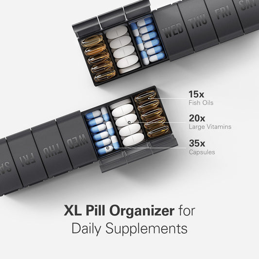 Extra large seven day medicine box showing deep compartments filled with big vitamin supplements.