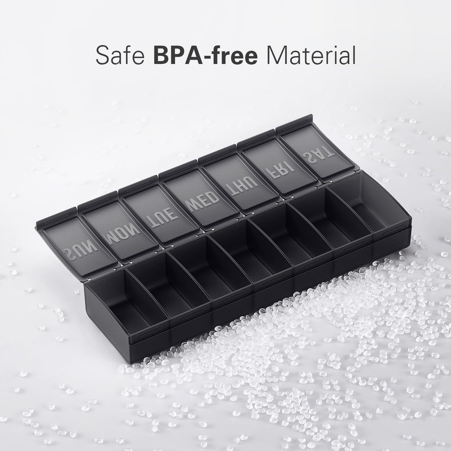 BPA free medical grade plastic travel friendly seven day vitamin capsule holder set.