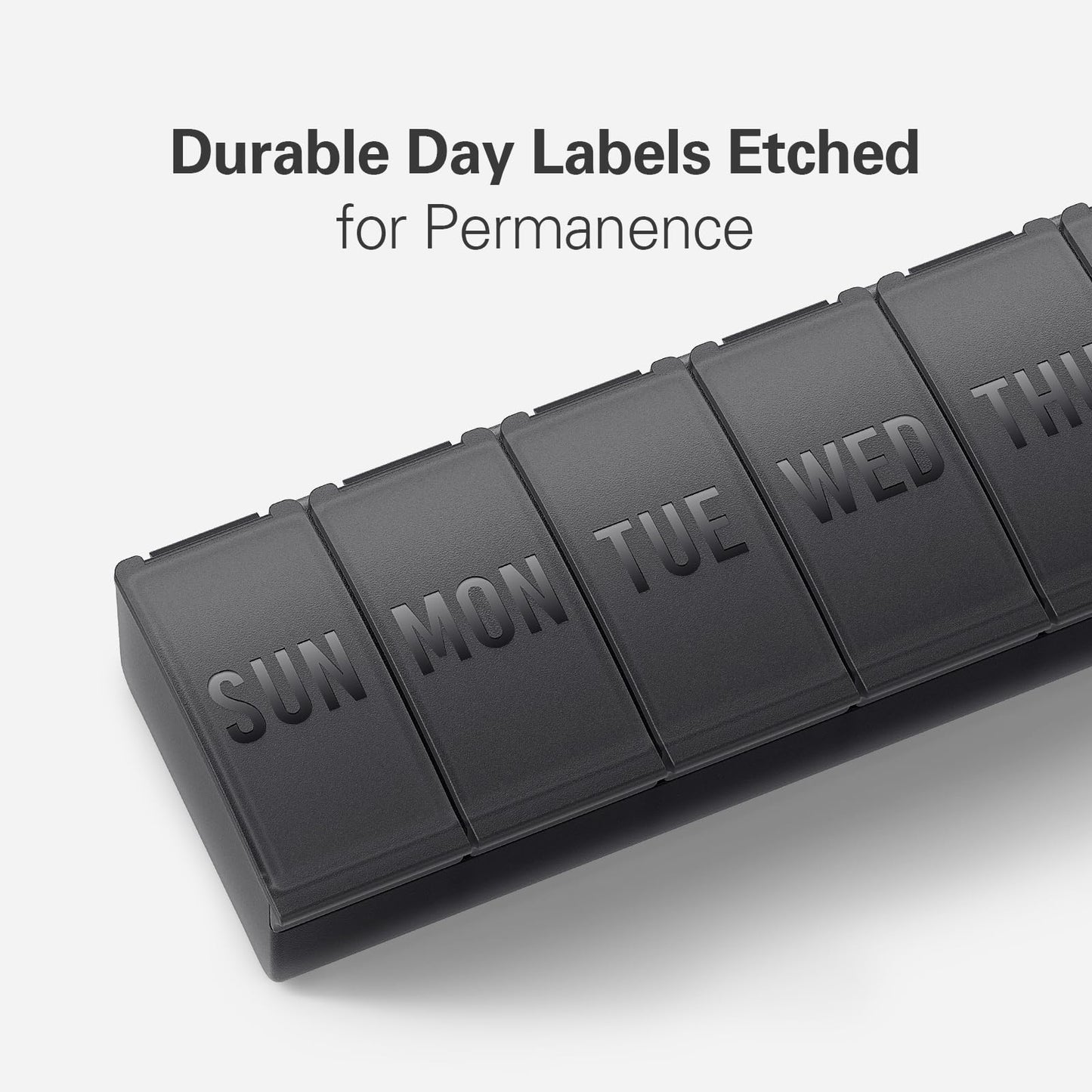 Durable daily supplement dispenser showing secure snap shut lid mechanism for travel protection.