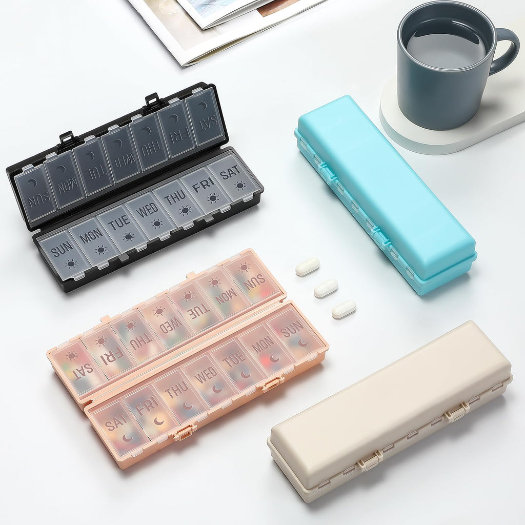Acedada portable plastic pill organizer demonstrating its lightweight and pocket-friendly size.