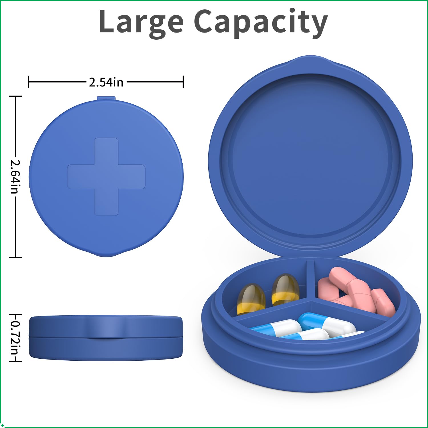Open view of the 3 compartment round silicone travel medicine holder for pocket