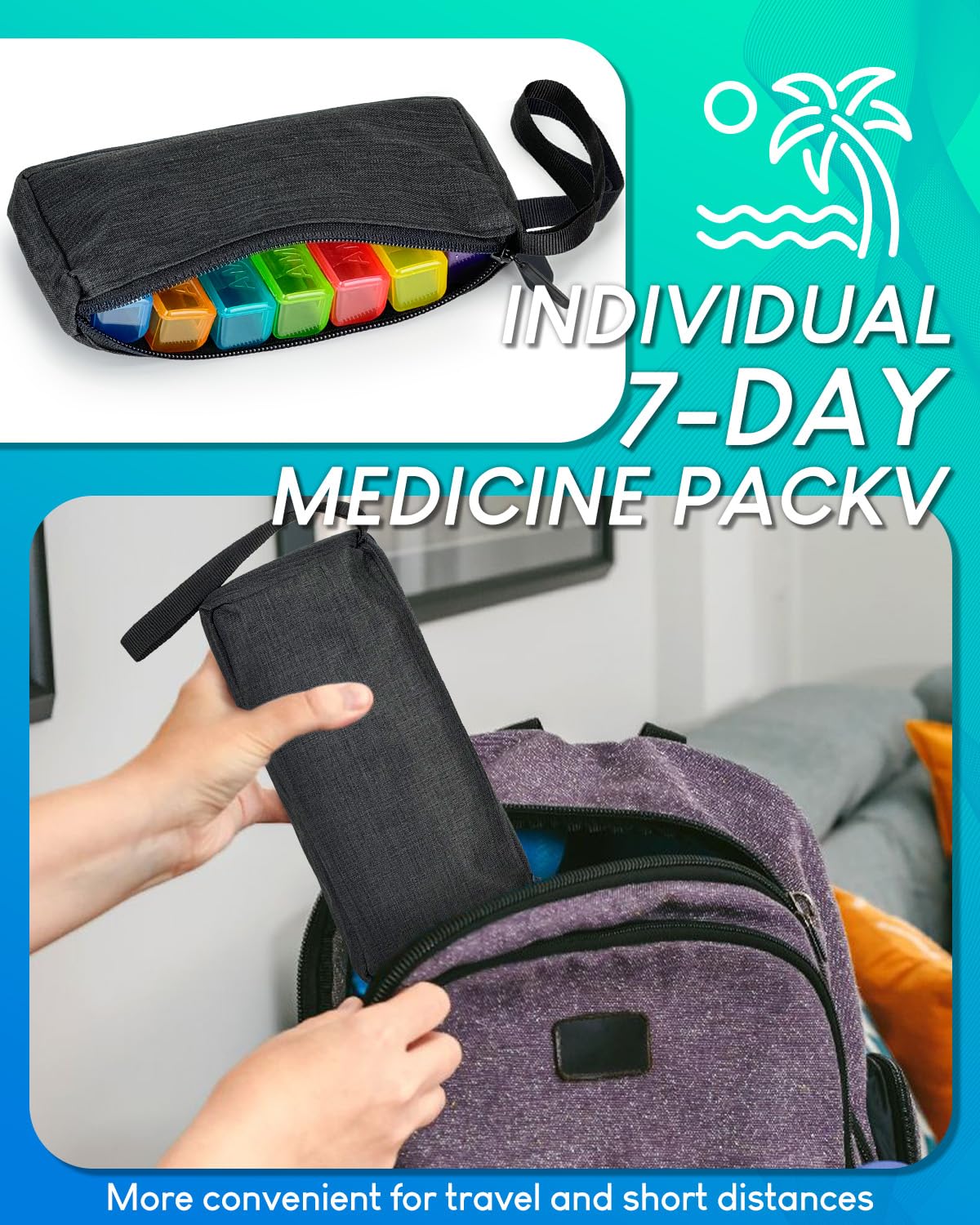 Friwole two times a day medicine box showing the portable weekly bag and green zipper details.