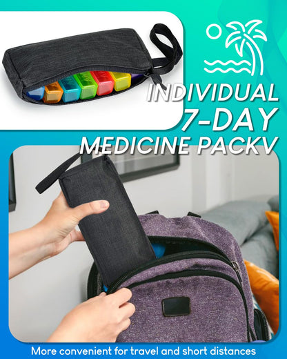 Friwole two times a day medicine box showing the portable weekly bag and green zipper details.