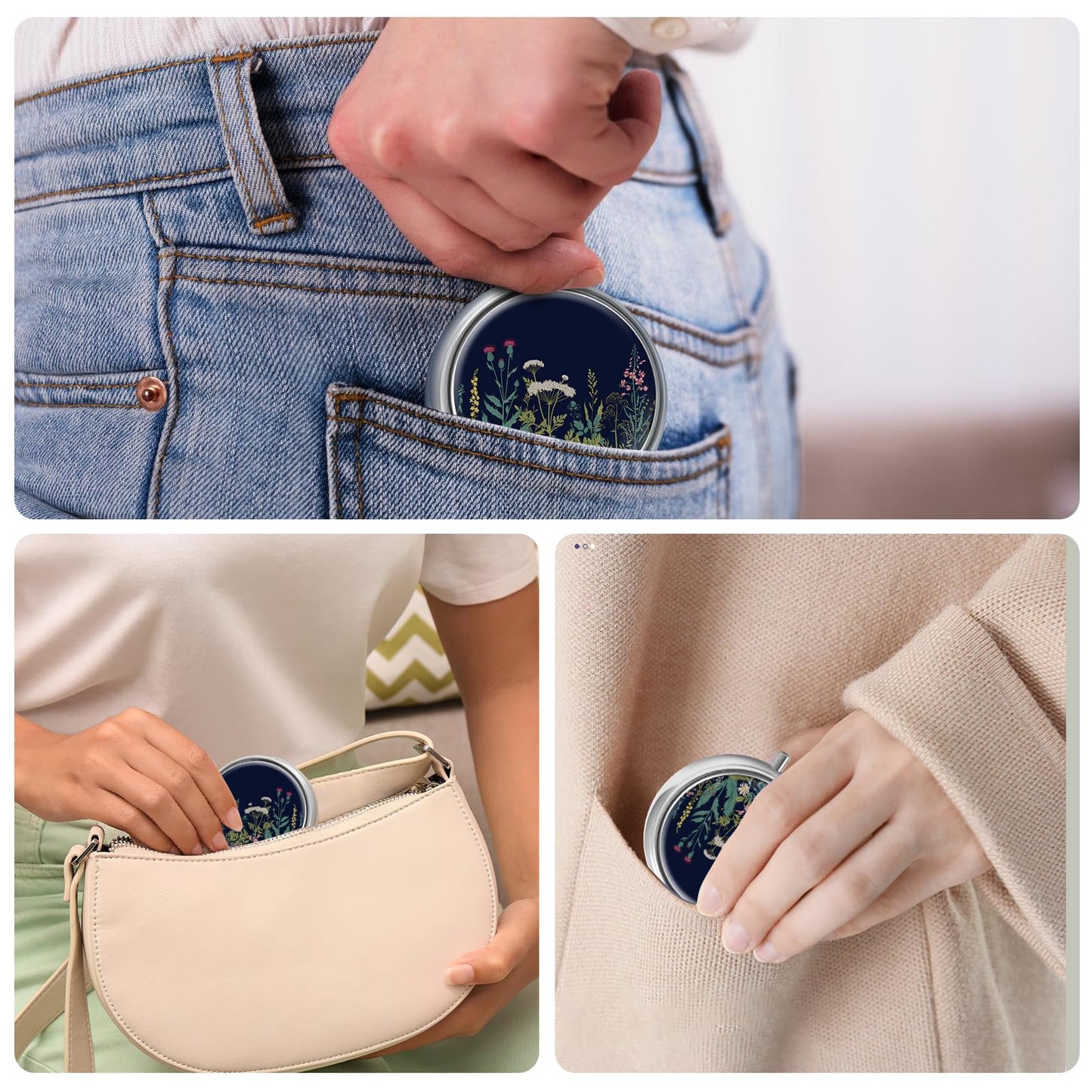 HCYPCV small round pill box resting inside a small purse pocket to demonstrate portability.