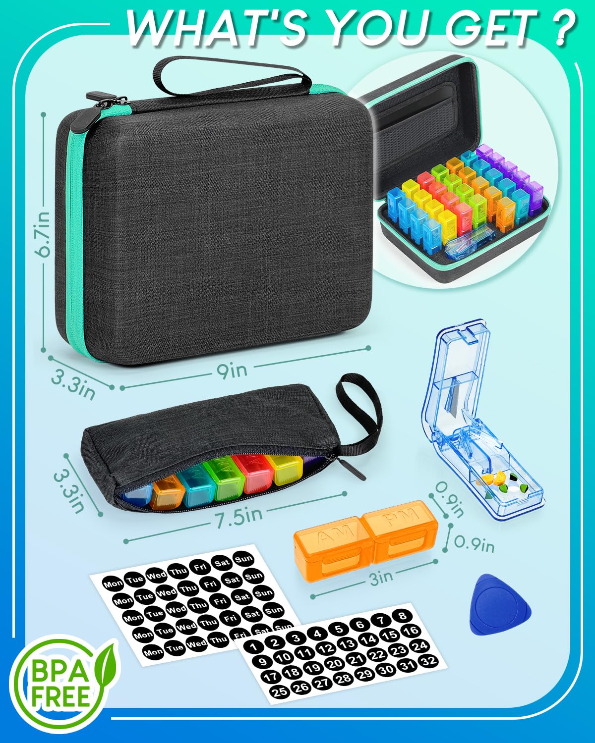 Friwole monthly pill manager kit showing the custom organization stickers and tracking sheets.