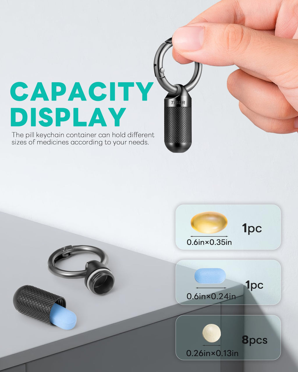 TISUR waterproof single pill holder capsule with knurled grip detail for easy opening