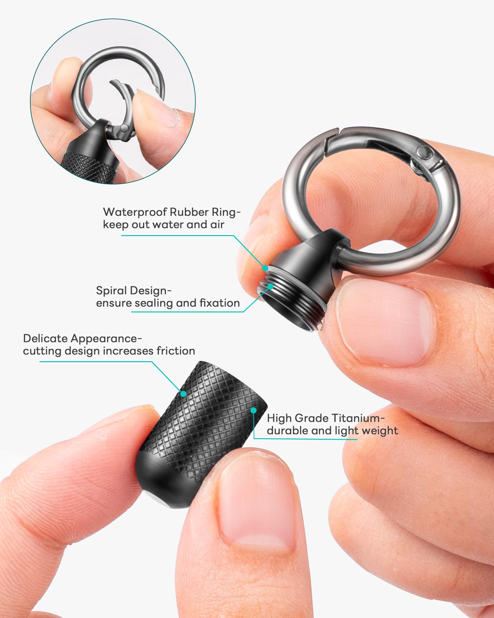 TISUR titanium keychain pill organizer showing the secure carabiner style attachment clip