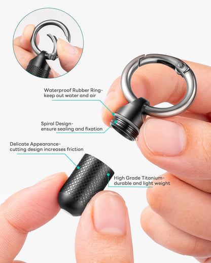 TISUR titanium keychain pill organizer showing the secure carabiner style attachment clip