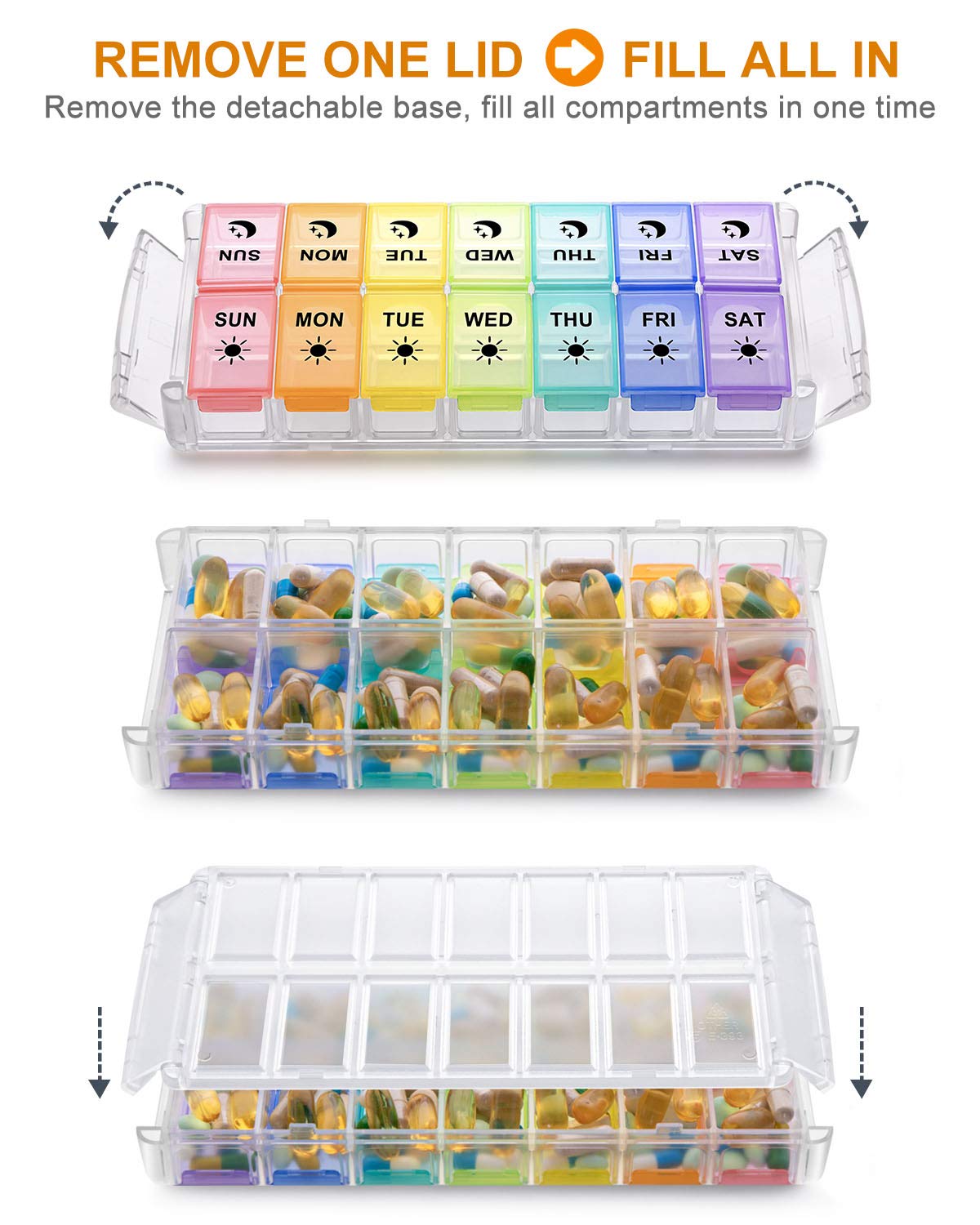 Fullicon extra large 7 day pill case highlighting dual side buckle locks for security.