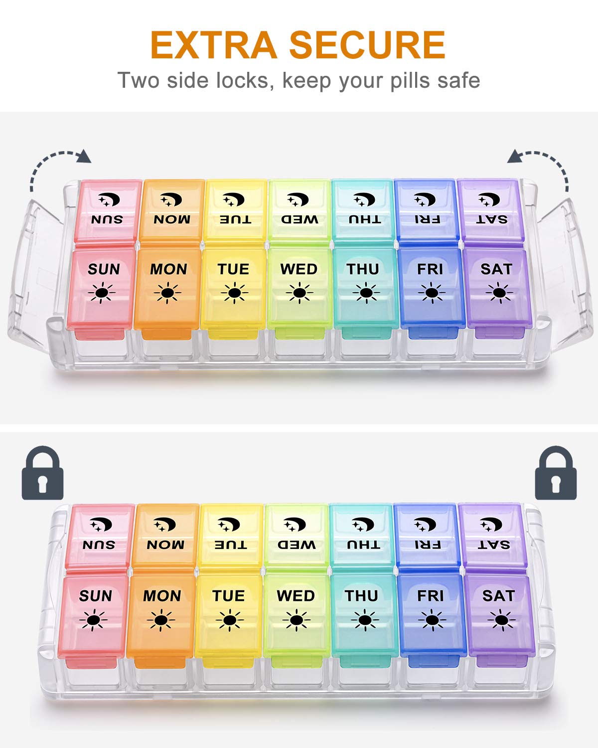 Close up view of Fullicon daily pill compartments filled with fish oil capsules and vitamins.