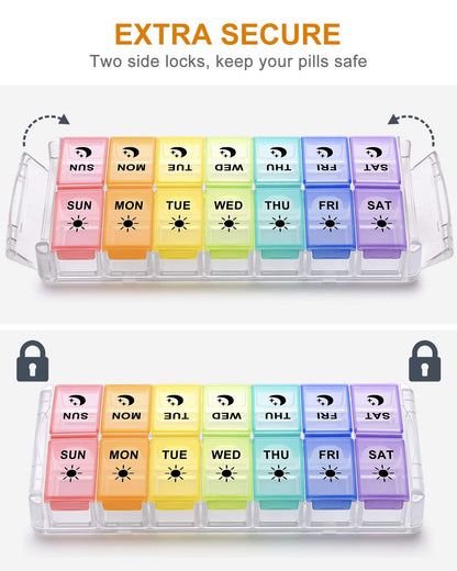 Close up view of Fullicon daily pill compartments filled with fish oil capsules and vitamins.