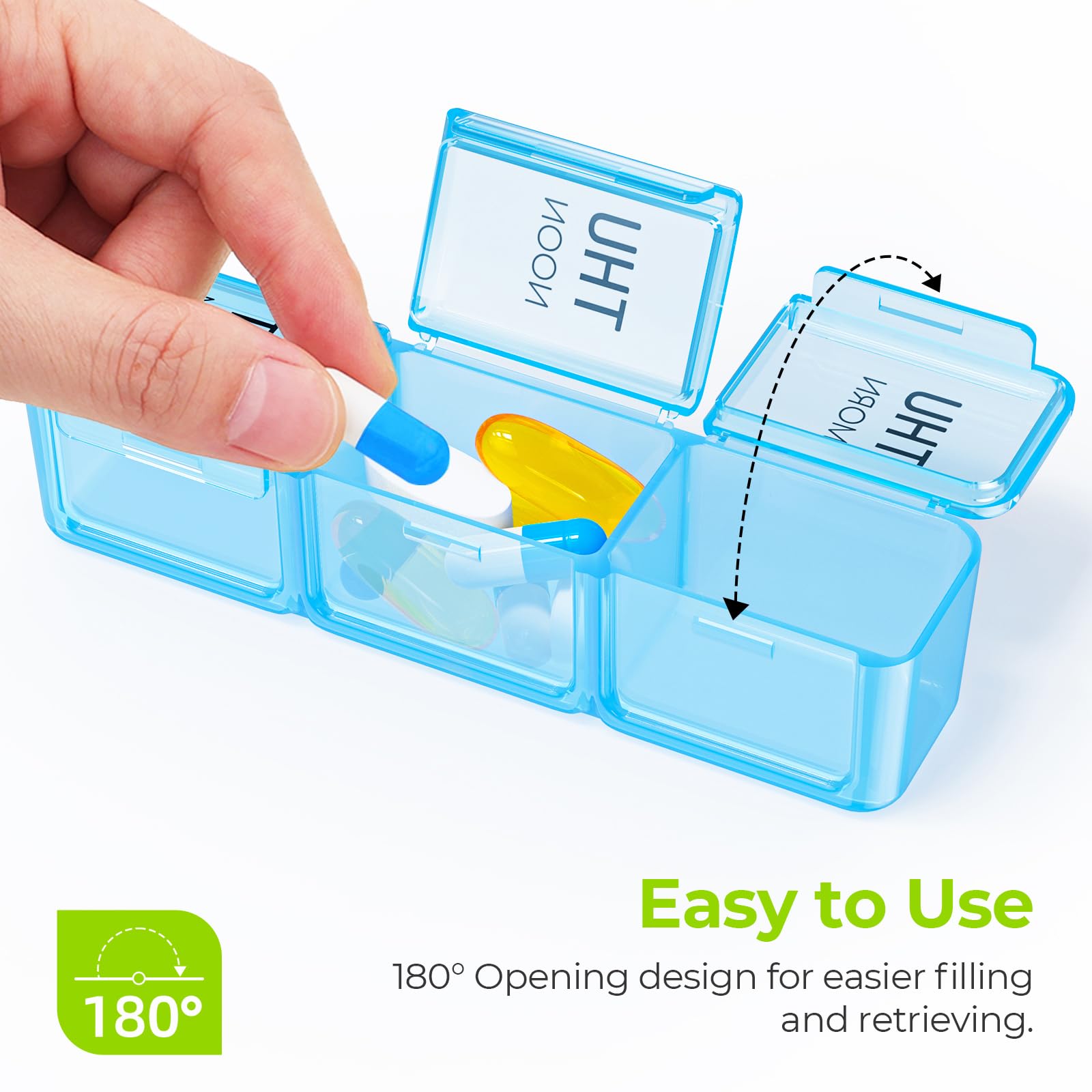 AUVON moisture proof vitamin storage organizer highlighting the secure sealing lid mechanism