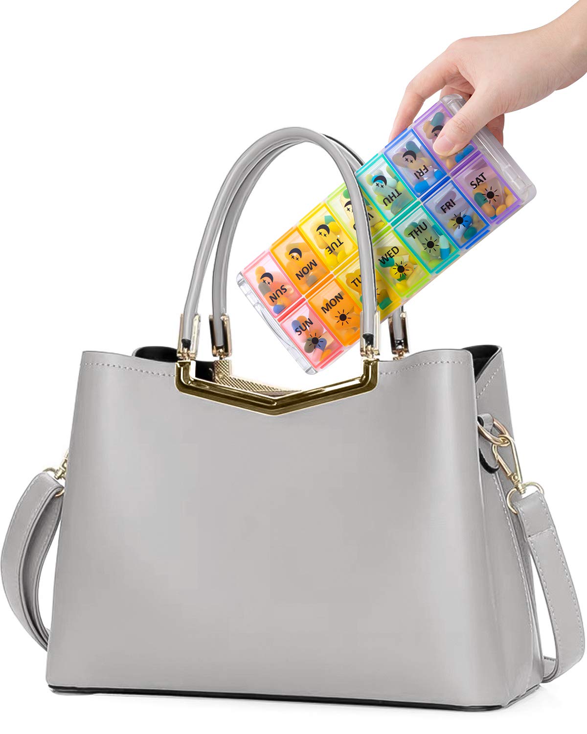 Fullicon patent registered 14 compartment weekly supplement dispenser on a clean countertop.