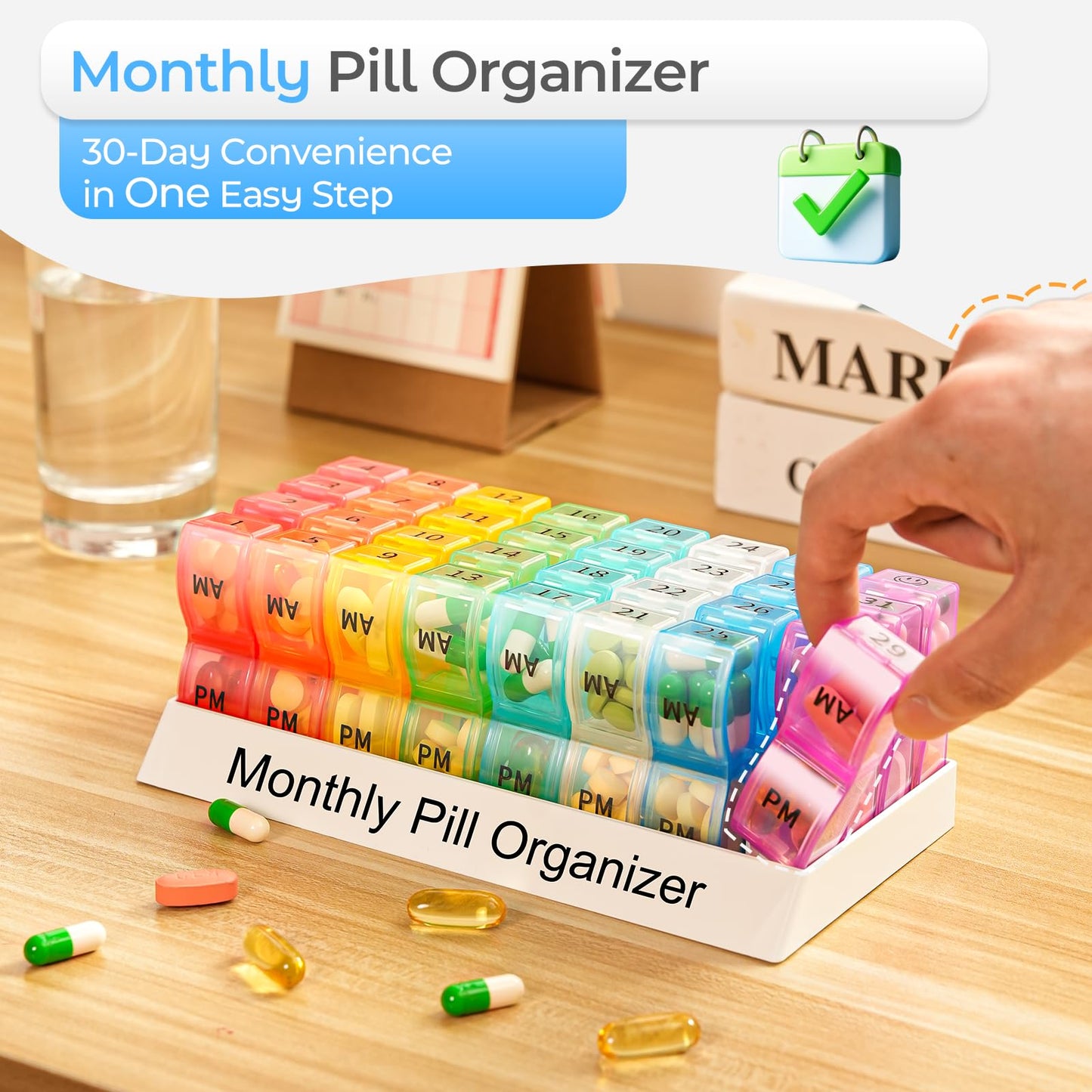 Colorwing thirty-one day pill case top view displaying clear morning and evening medicine labels.