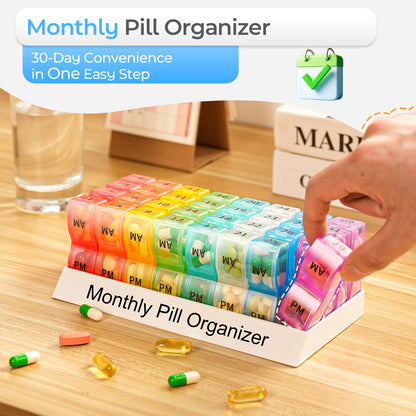 Colorwing thirty-one day pill case top view displaying clear morning and evening medicine labels.