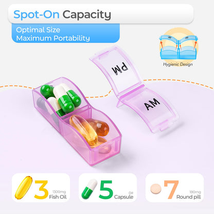 Colorwing four week pill cases showing secure snap lids filled with daily vitamins.