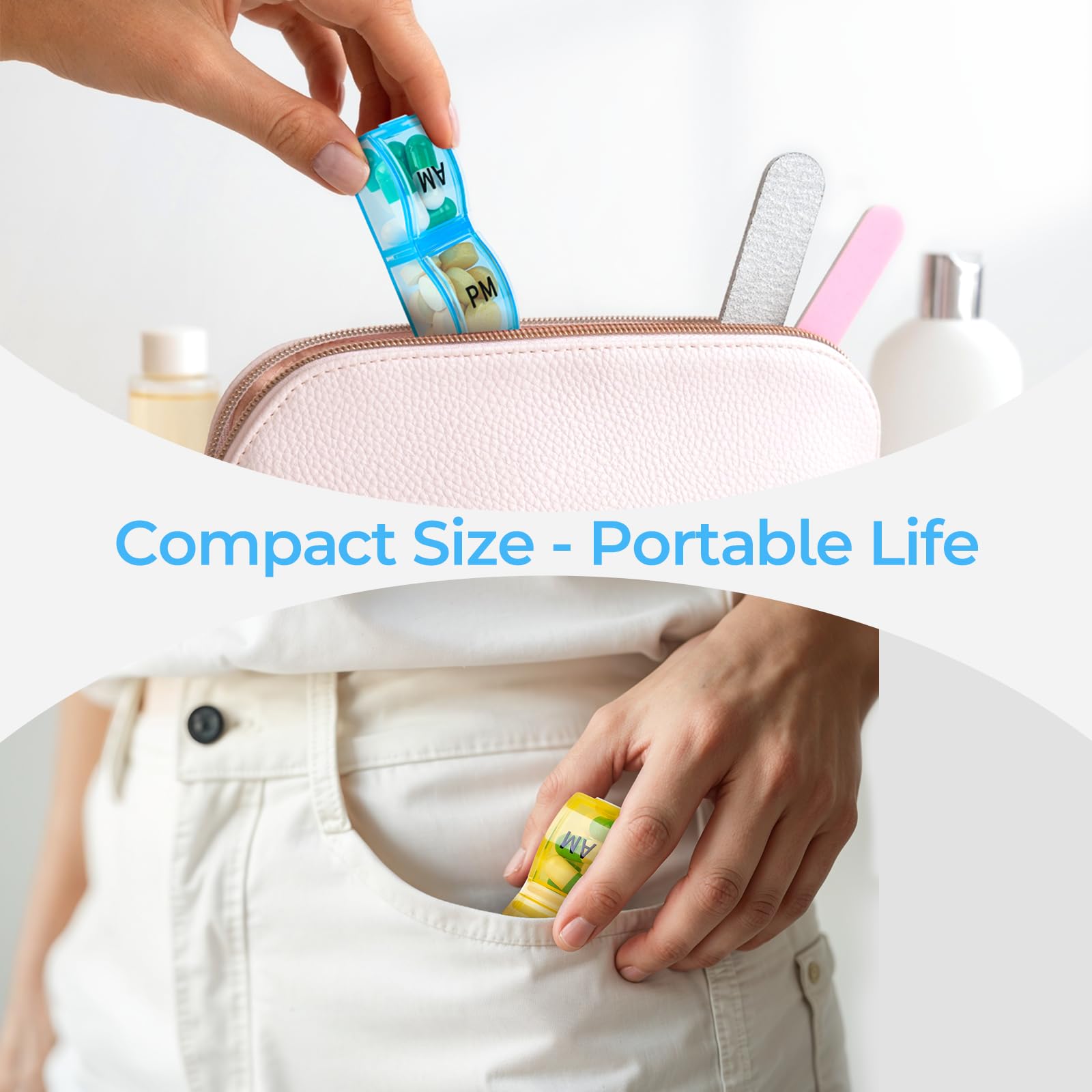 Colorwing compact travel medicine organizer being placed inside a small travel pouch.