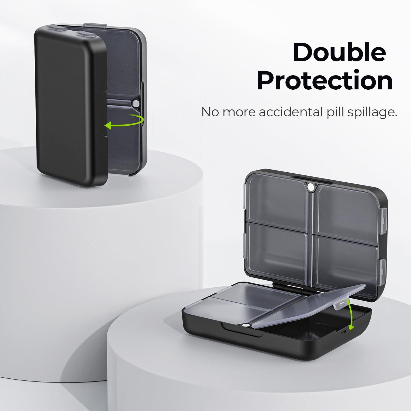 Side view of the durable hinges on the black daily pill case