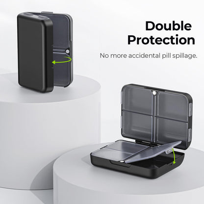 Side view of the durable hinges on the black daily pill case