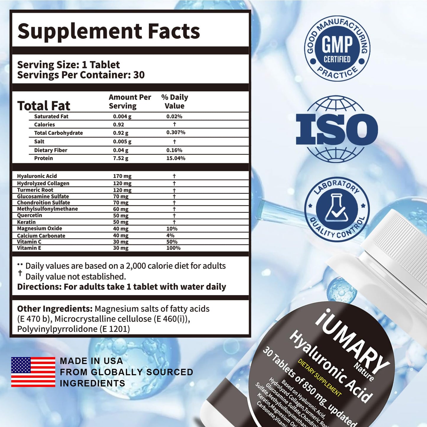 Keszciy Hyaluronic Acid Joint Support supplement facts label