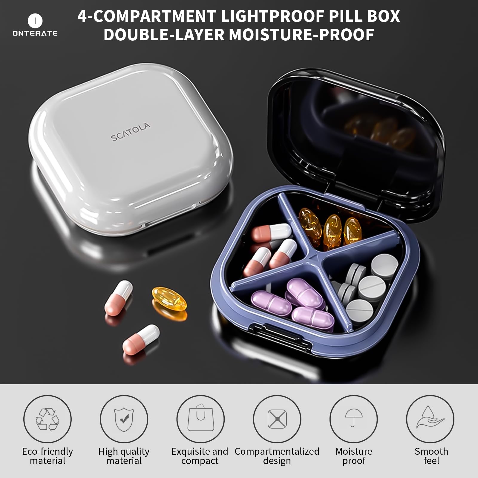 Onterate daily medicine organizer opened displaying four separate compartments