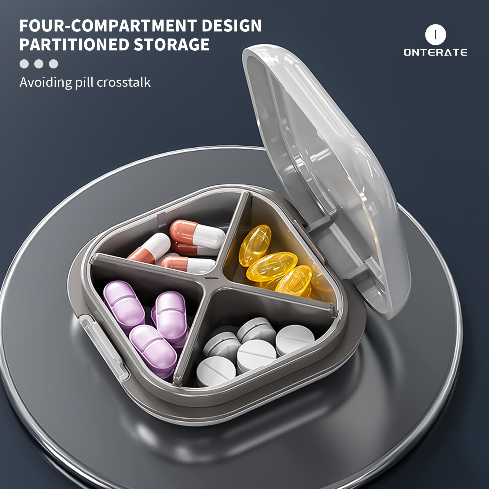 Onterate portable pill container for purse demonstrating pocket sized dimensions