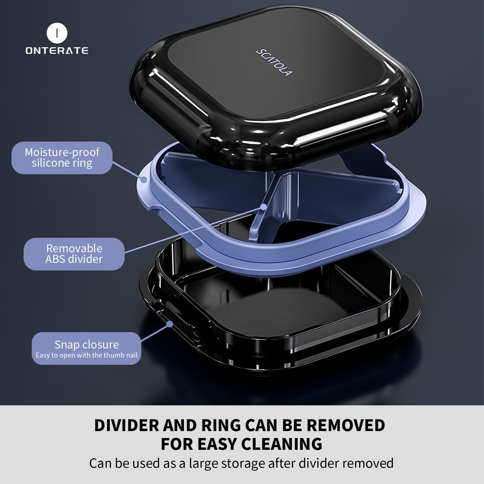 Onterate small vitamin holder highlighting waterproof silicone seal construction