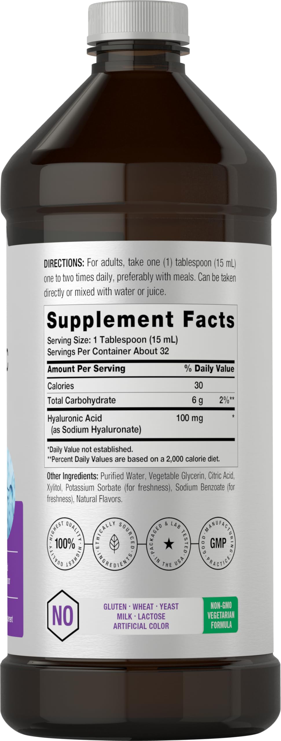 Horbaach liquid hyaluronic acid supplement bottle showing serving size details