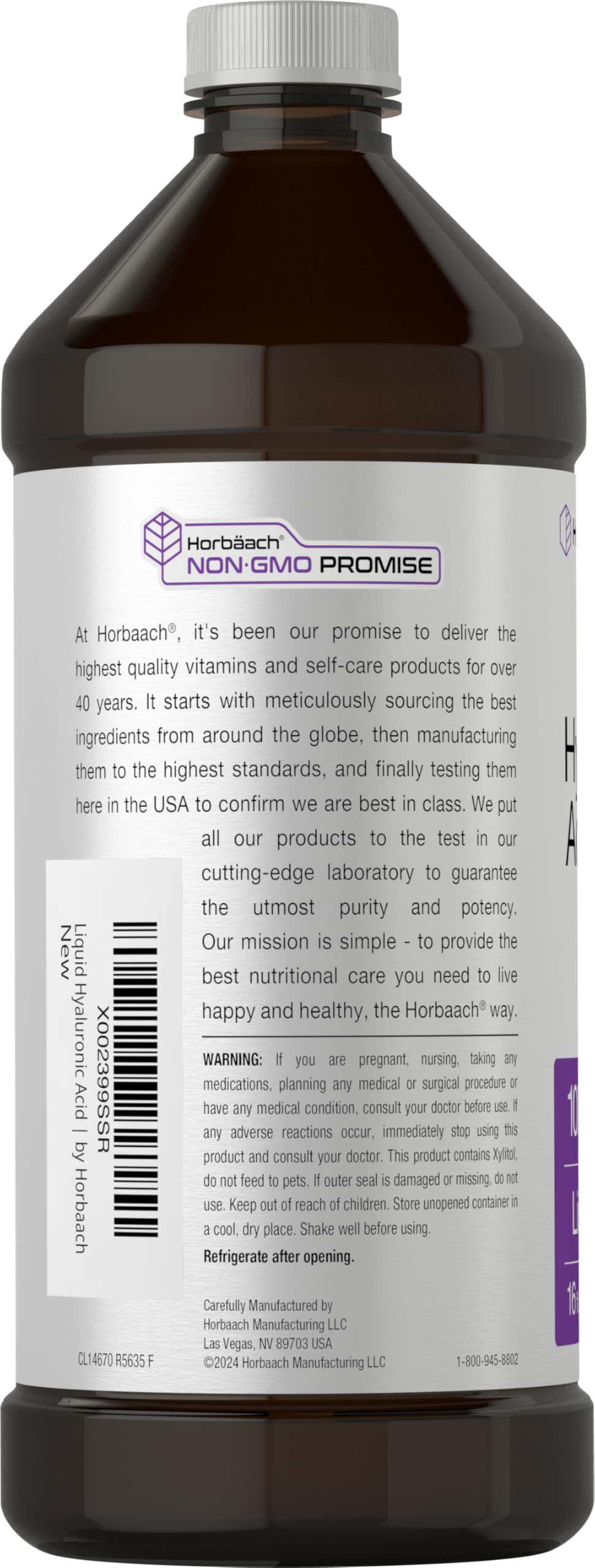 Horbaach Liquid Hyaluronic Acid supplement facts label