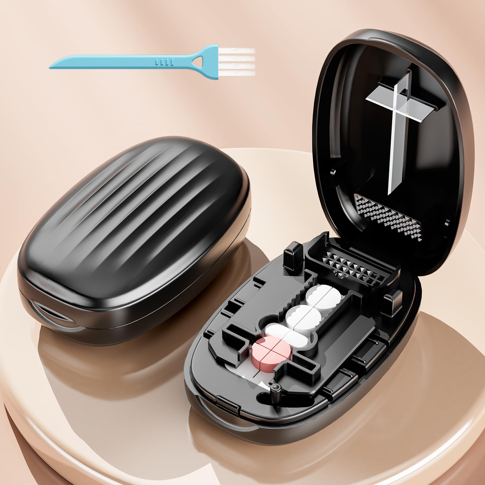 GAONLY adjustable tablet splitter opened up revealing the sharp hidden stainless steel blade and pill alignment tracks