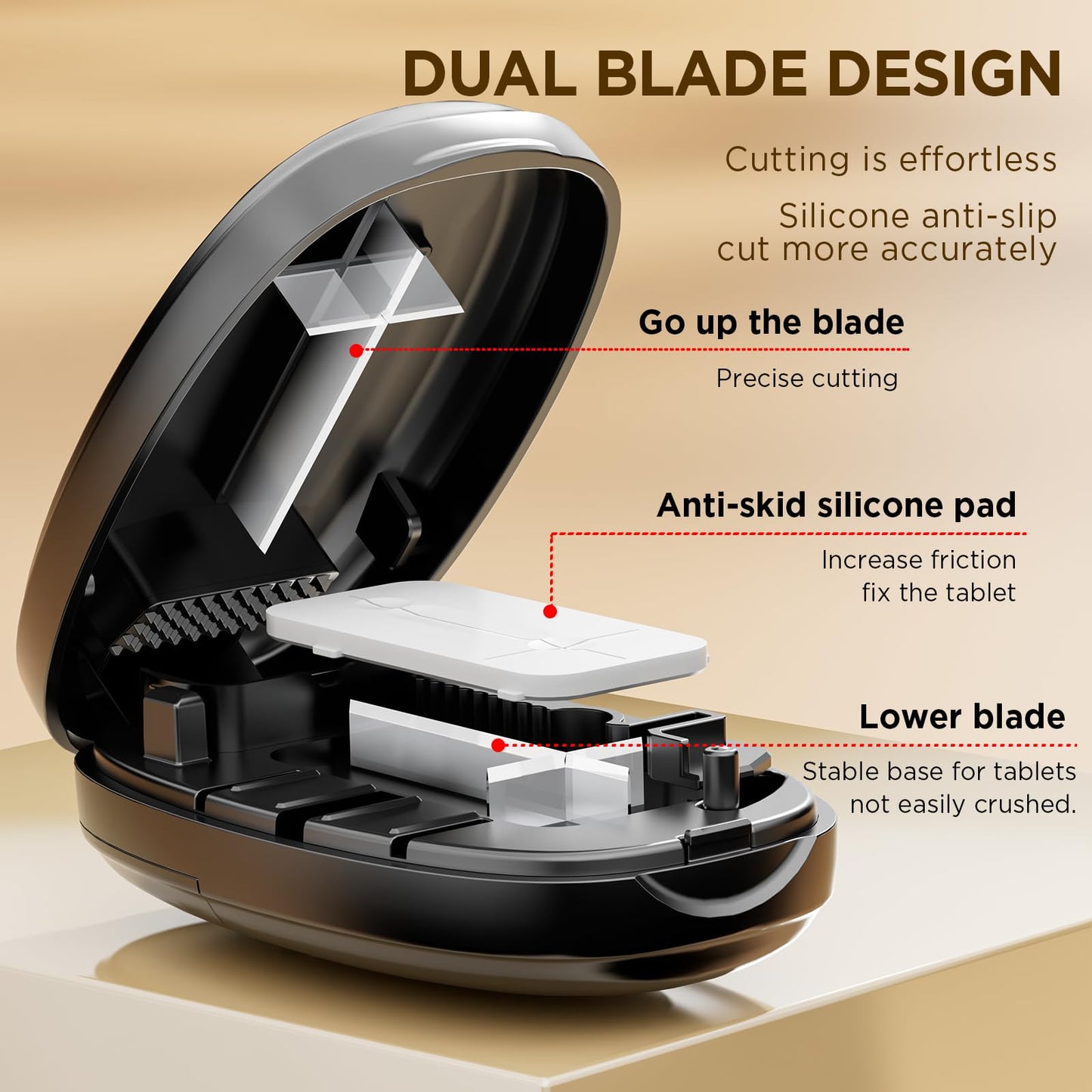 GAONLY portable pill cutting case being closed to demonstrate the safe hands free cutting mechanism for users