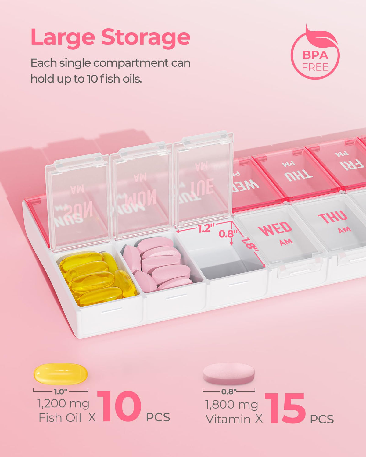 AMOOS twice a day pill box with an ergonomic easy-open lid being pushed by a thumb