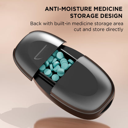 GAONLY precision medication divider showing perfectly sliced pill halves and quarters next to the premium black device